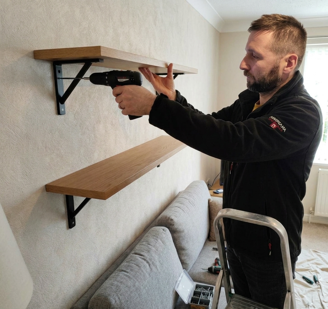 Handyman fitting wooden shelves with a drill